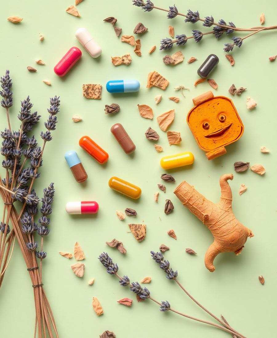 Overhead arrangement of colorful capsules, lavender sprigs and turmeric root on a mint background