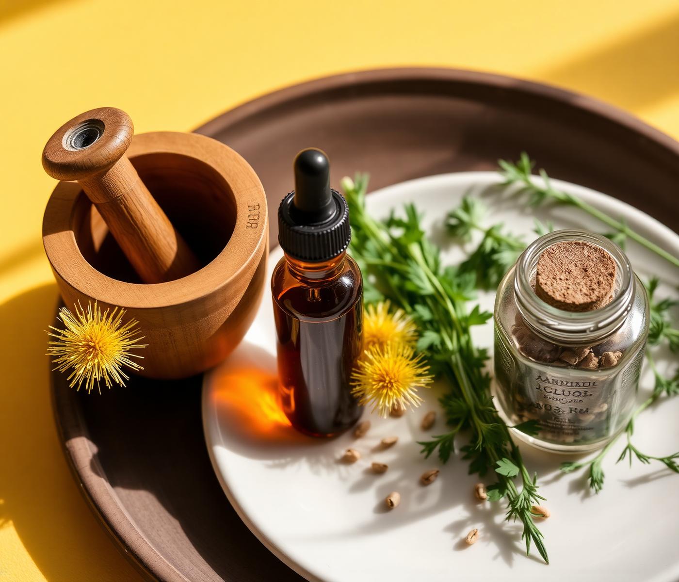 Wooden mortar and pestle beside an amber dropper bottle and dandelion flowers on a warm yellow background